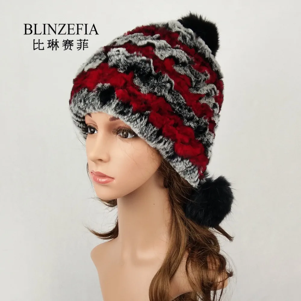 BLINZEFIA вязаный Настоящий мех кролика зимние женские головные уборы теплый помпон русские уши крышка бини шапка капот Femme BZ6016