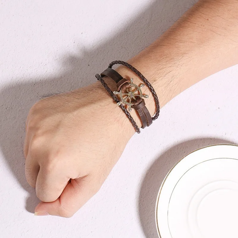 Leather Bracelet Leather Bangle Men Sailor Rudder Multilayer Leather Bracelet Nautical Bangles for Men