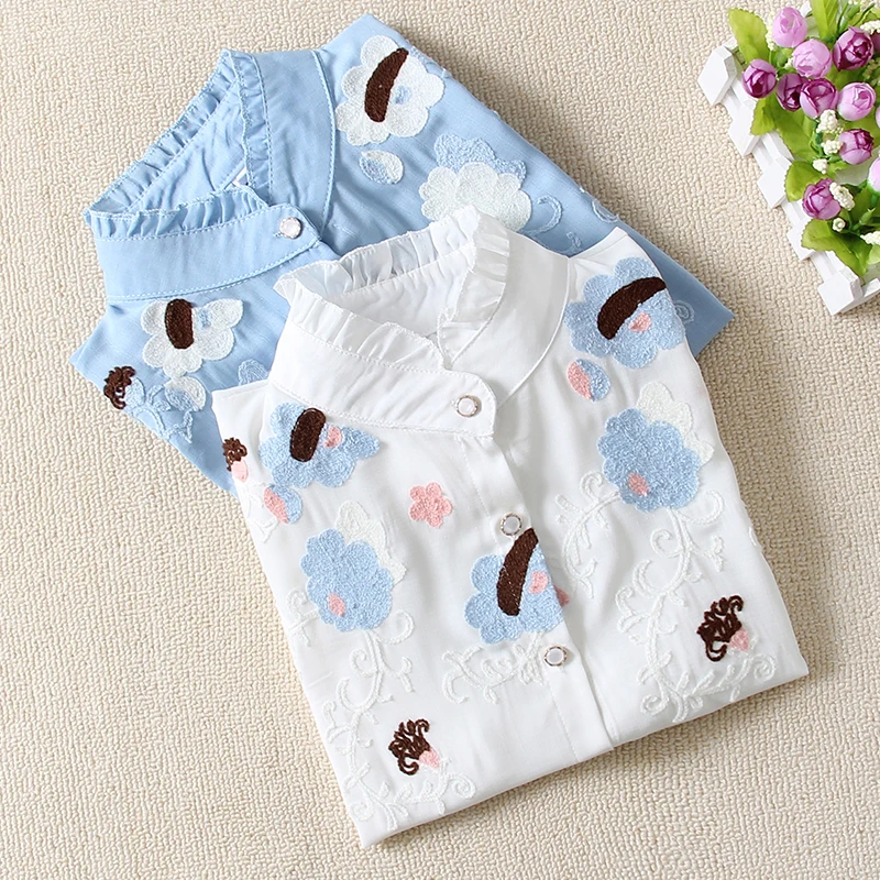 

Blue,White Blusa Feminina 2018 New Women Stand Collar Flowers Embroidery Tops and Blouses Female Long Sleeve Cotton Shirts