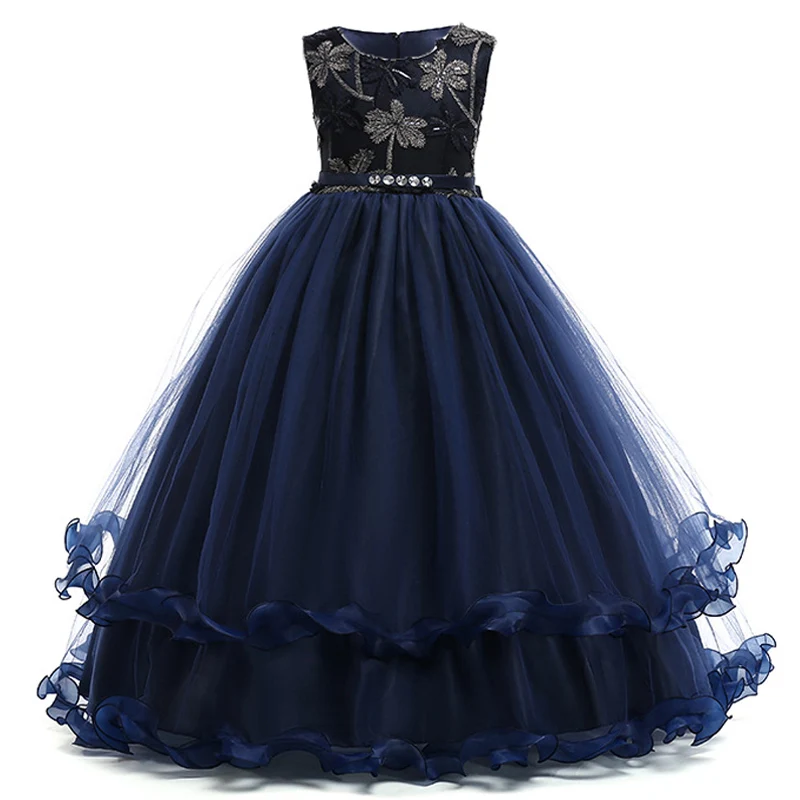 Keaiyouhuo/ г.; летнее свадебное платье с цветочным узором для девочек; Детские праздничные платья для девочек; платье принцессы с вышивкой; одежда для детей - Цвет: Navy blue