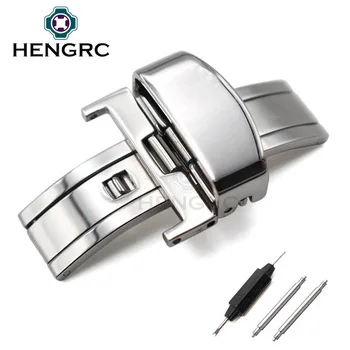 HENGRC 18 20 22 24mm Metal Watch Band Buckle Silver Polished 316L Stainless Steel Deployment Clasp Strap Accessories Wholesale