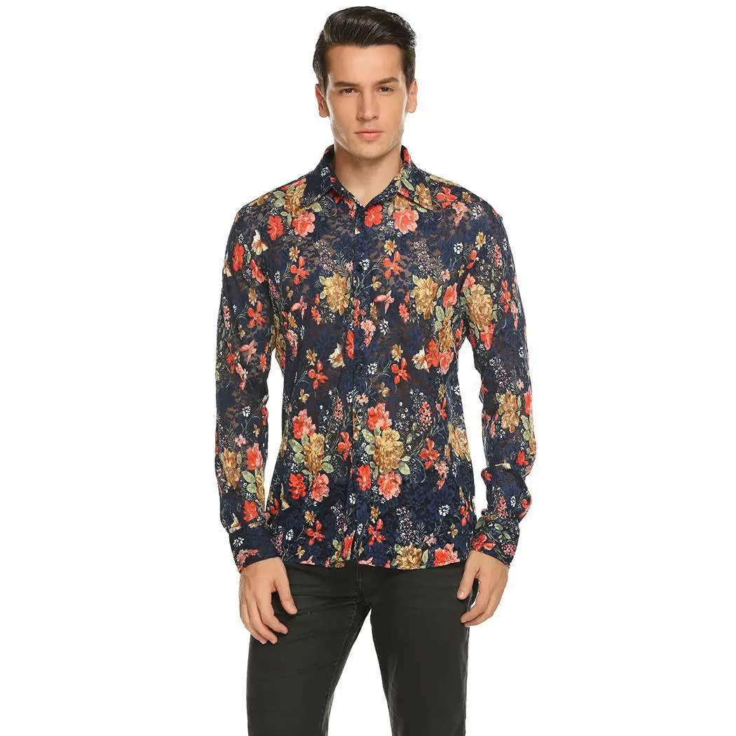 Men Fashion Turn Down Collar Long Sleeve See Through Lace Floral Shirt