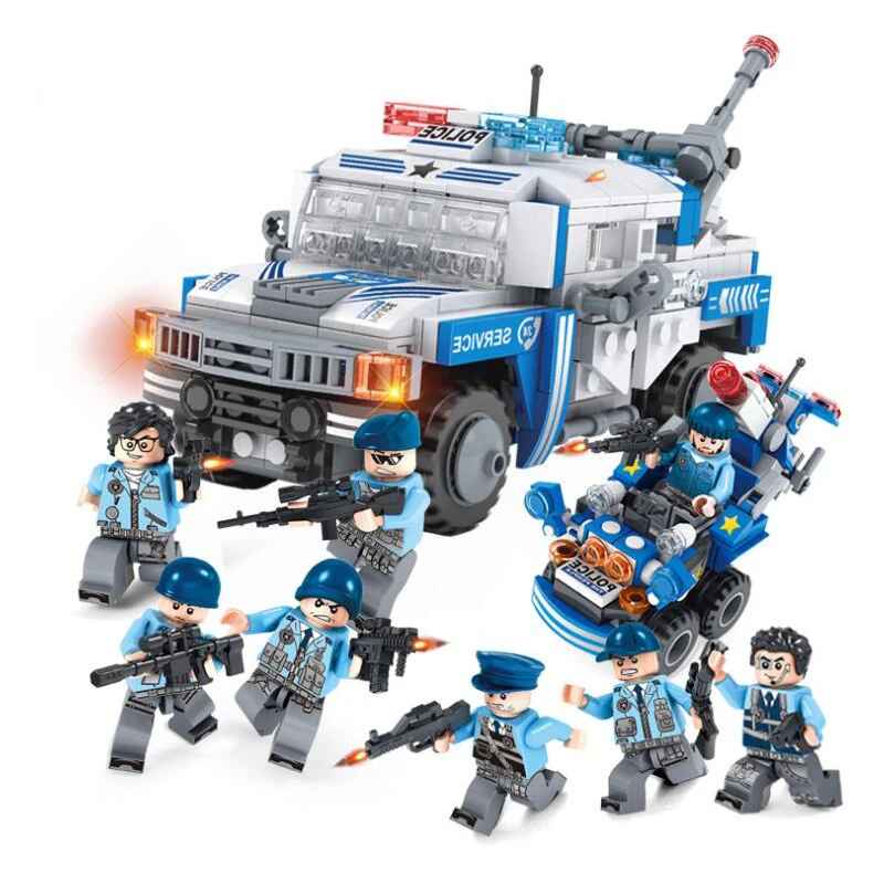

863PCS 8 in 1 Police Car DIY Enlighten Building Blocks City Pioneer Brick Toys with Figures for Boy Gifts