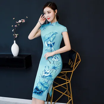 

Blue Print Flower Cheongsam Elegant Women' s Handmade Button Dress Short Sleeve Knee Length Sexy Short Dress Plus Size M-5XL