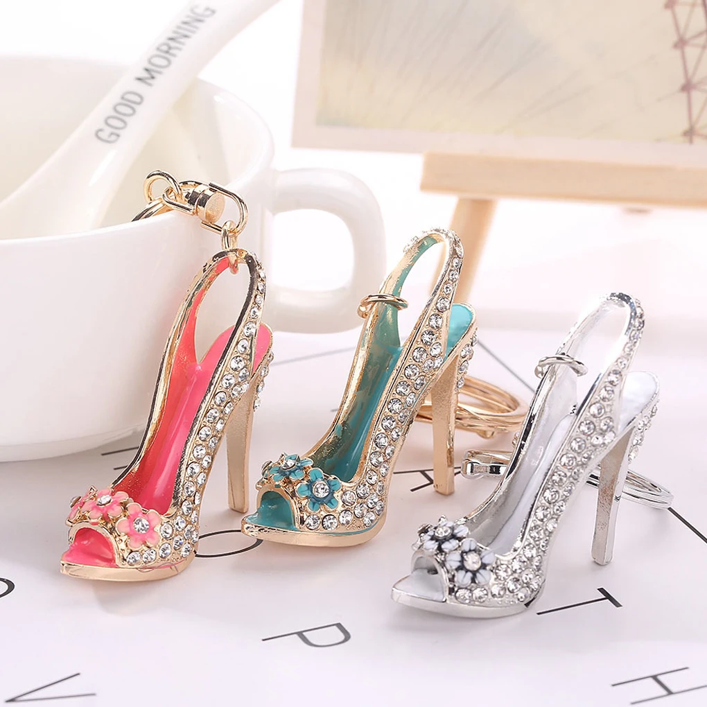 Rose Shoe High-Heel Charm Pendant Crystal Purse Bag Keyring Key Chain Ring Gift 