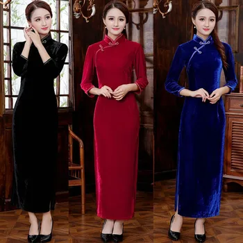 

Autumn Winter Velvet Chinese Women Qipao Velour Long Cheongsam Bride Wedding Dresses Evening Party Prom Elegant Vestidos S-XXXL