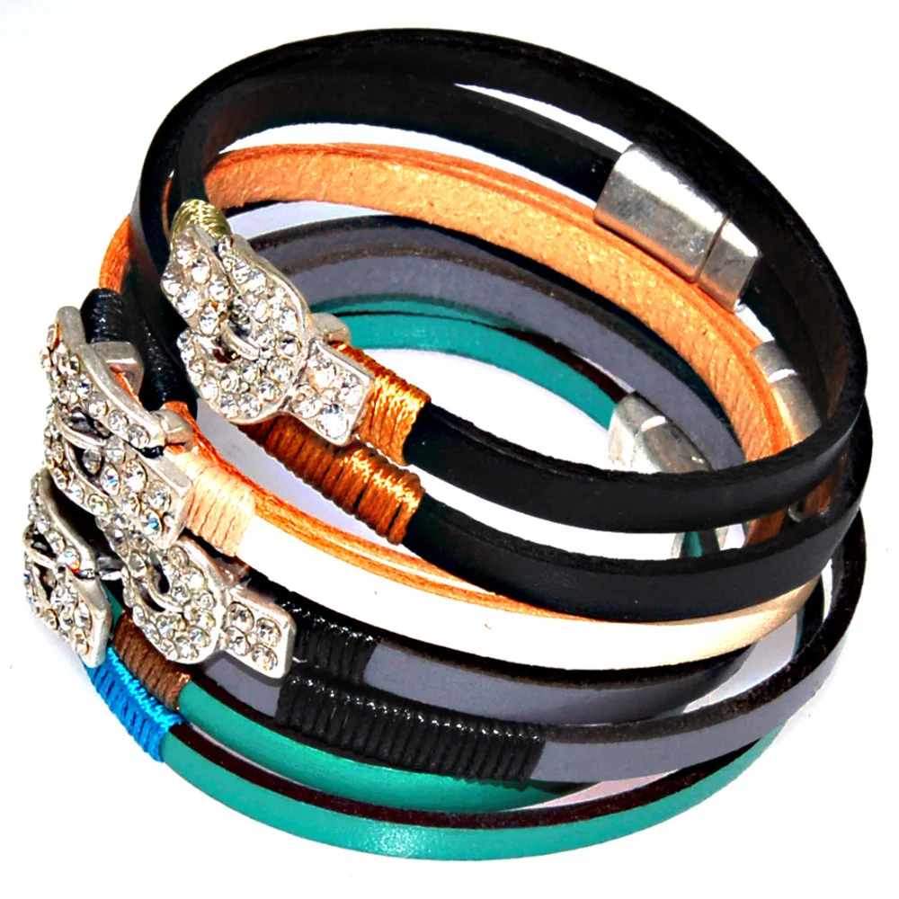 Crystal buckle genuine leather double wrap bracelets,wrapped Bracelets