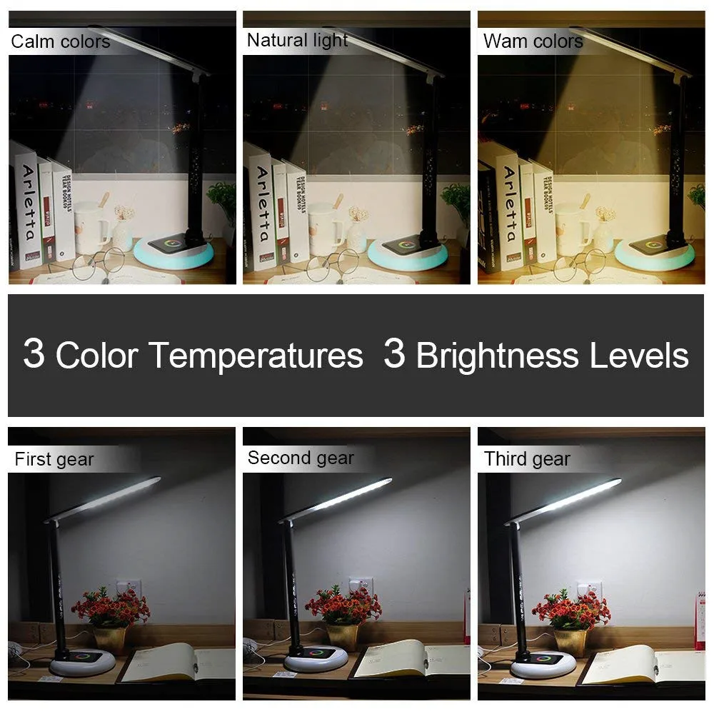 Woodpow LED Desk Lamp RGB Night Light Brightness Adjustable Touch Table Lamps with Calendar Alarm C