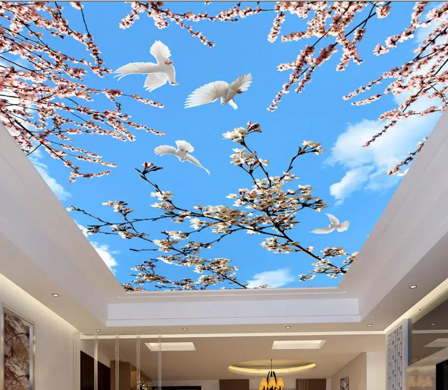 Custom Non woven vinyl wallpaper Blue sky and white clouds 3d ceiling