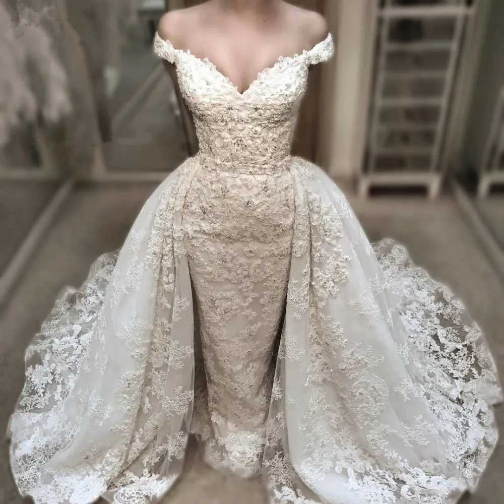 Роскошное кружевное свадебное платье русалки со съемным шлейфом Vestido De Casamento с v-образным вырезом и бисером винтажное свадебное платье невесты