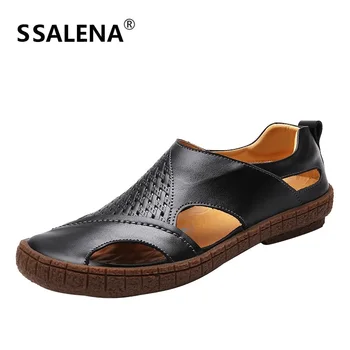 

2020 Mens Soft Sole Flats Sandals High Quality Men Leather Cut Out Sandals Fashion Breathable Summer Slip On Shoes B2886