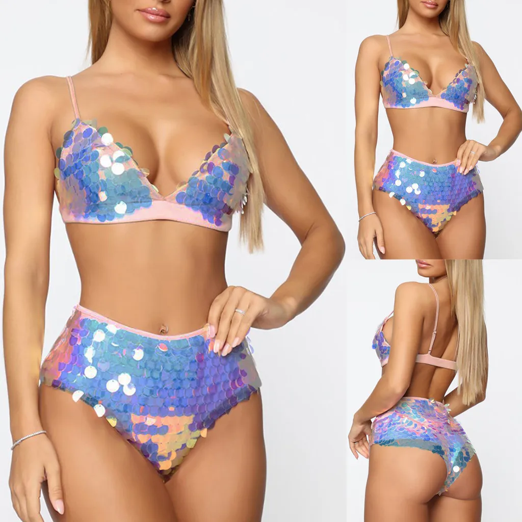 

swim suit women swimwear Women Two Piece Sexy Backless Sequined Swimwear Set Beachwear dropshipping