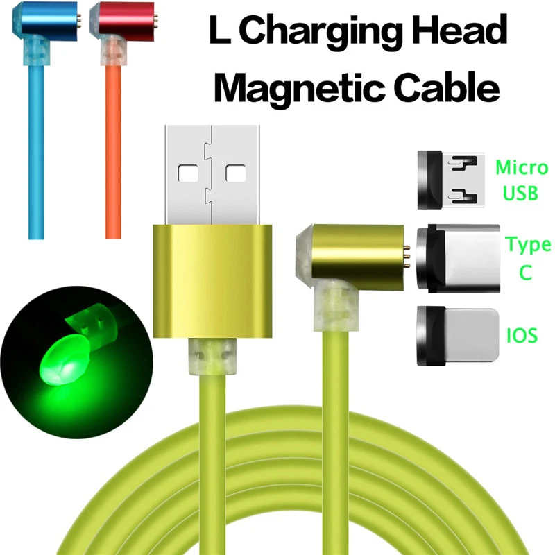 

1M/3.3ft Micro USB/Type C/iOS LED Right Angle Round Adapter Magnetic Quick Charging CablE for iPhone x 8 7 for Samsung S8 S7 S6
