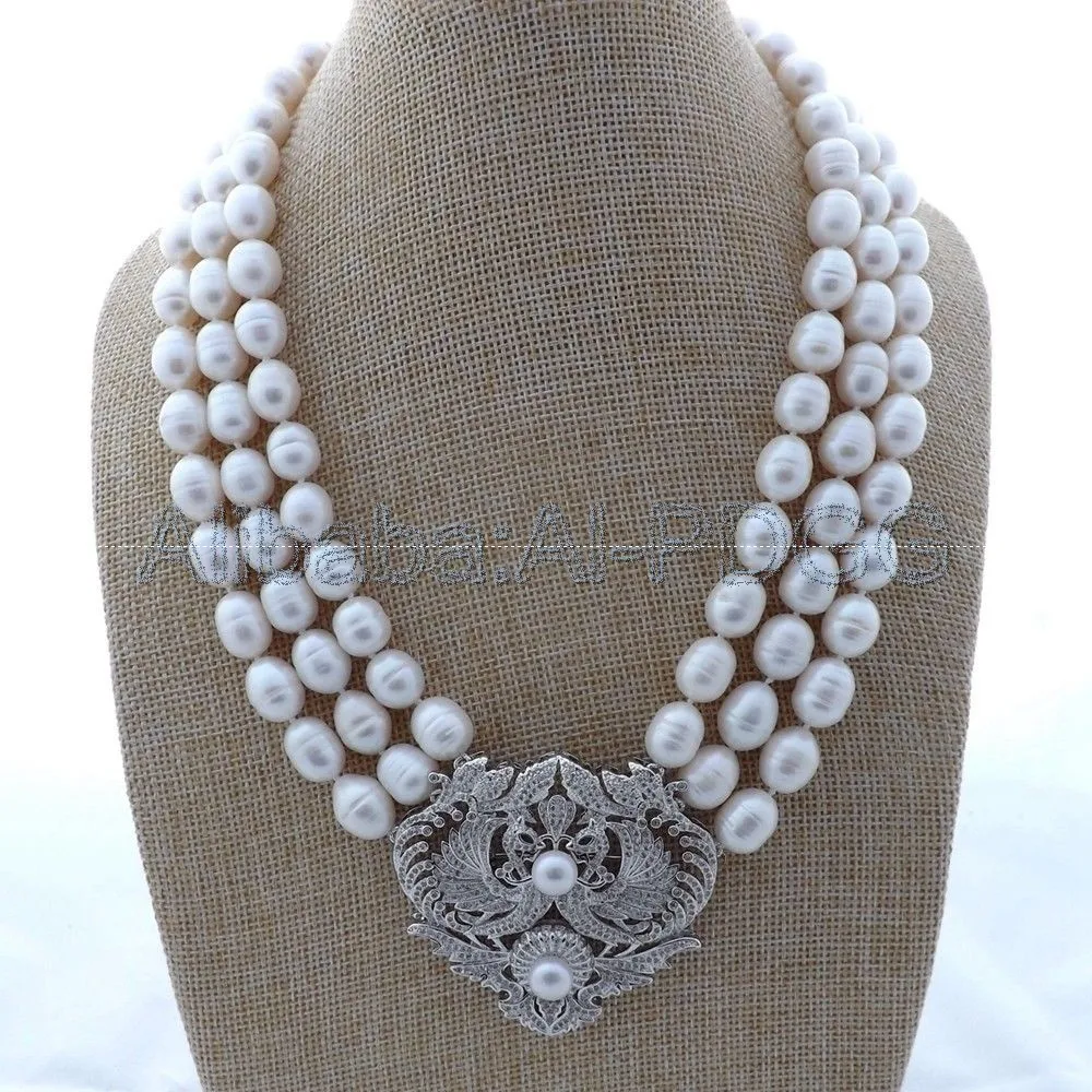 

18'' 3 Strands White Rice Pearl Necklace CZ Pendant