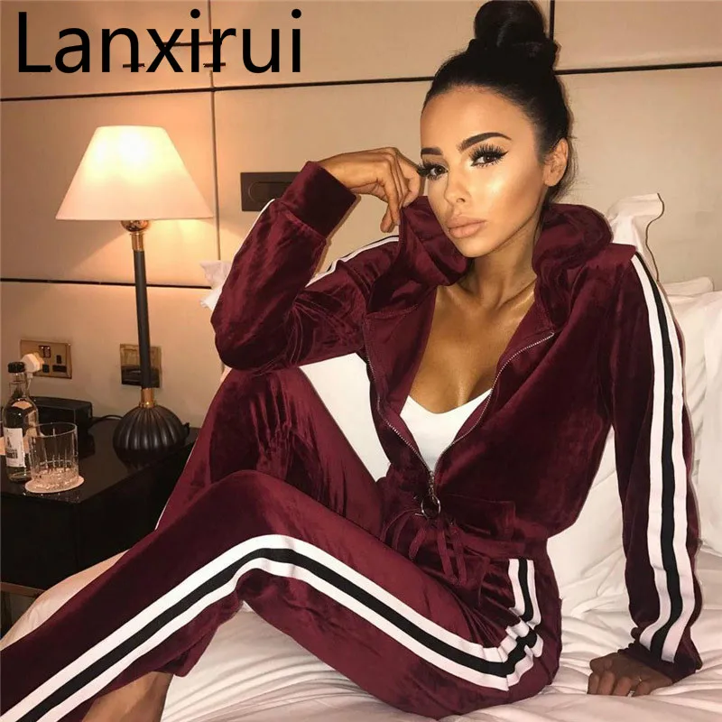 

New Women Sportswear Autumn Winter Warm Velvet Tracksuit Two Piece Set Stripe Sweatshirt Pant Sweat Suit Home Clothing