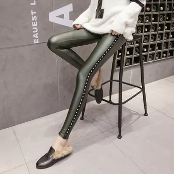 

Winter Fashion woman faux leather pants velvet skinny long pants female ribbon rivet stretch fitness pants