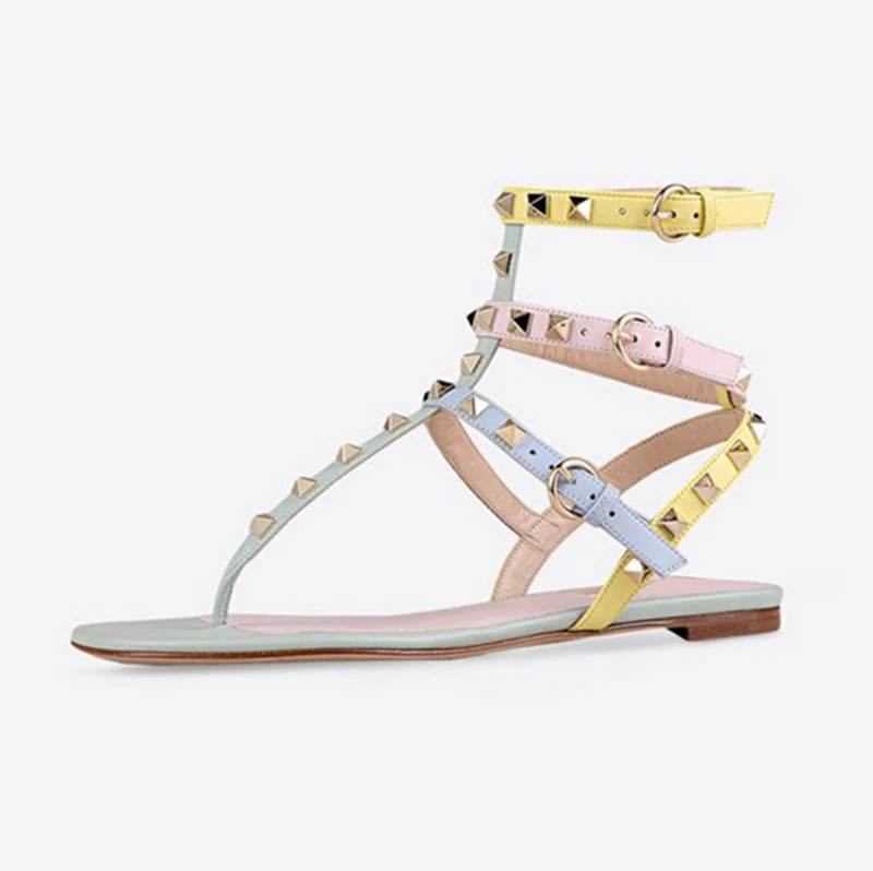 

Rivet Studded Thong Gladiator Sandals Mixed Colors Striped Buckle Strap Flat Women Leather Shoes Causal Summer Beach Shoes