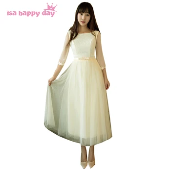 

champagne tulle o neck woman sleeved elegant short dress summer bridesmaid dresses for women bridemaid tea ball gown H4031