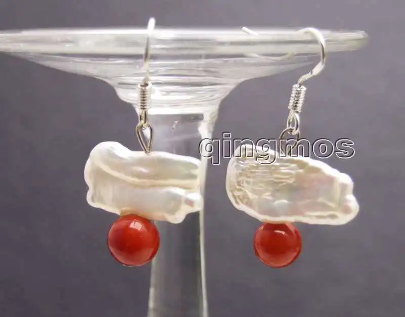 

12-15mm White Natural Freshwater Biwa Pearl and 6-7mm Round Red Coral Earring-ear444 wholesale/retail Free shipping