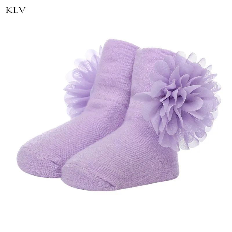 Длинные носки до лодыжки для малышей однотонные хлопковые зимние теплые носки с большим цветком на возраст 0-6 месяцев - Цвет: Фиолетовый