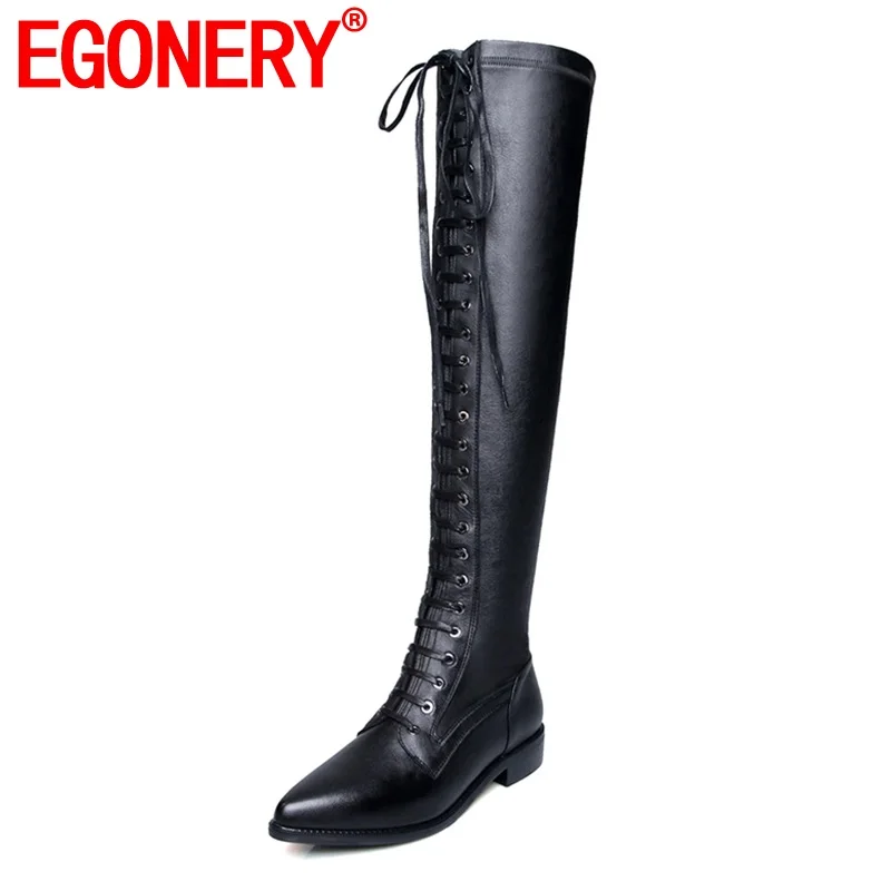 

EGONERY women shoes 2019 winter new fashion pointed toe lace up low square heel shoes ladies casual date shoes size 34-42