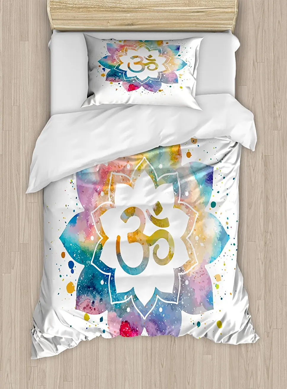 

Duvet Cover Set, Religious Spiritual Sign on Artistic Lotus Flower with Watercolor Splash Peace of Mind, 4 Piece Bedding Set ,