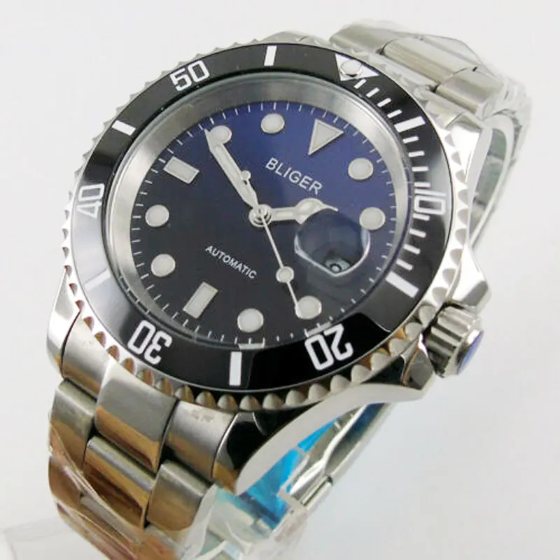

Fashion Sapphire Crystal BLIGER 40MM Gradient Black Blue Date Dial Men's Watch Luminous Marks Automatic Movement Watch