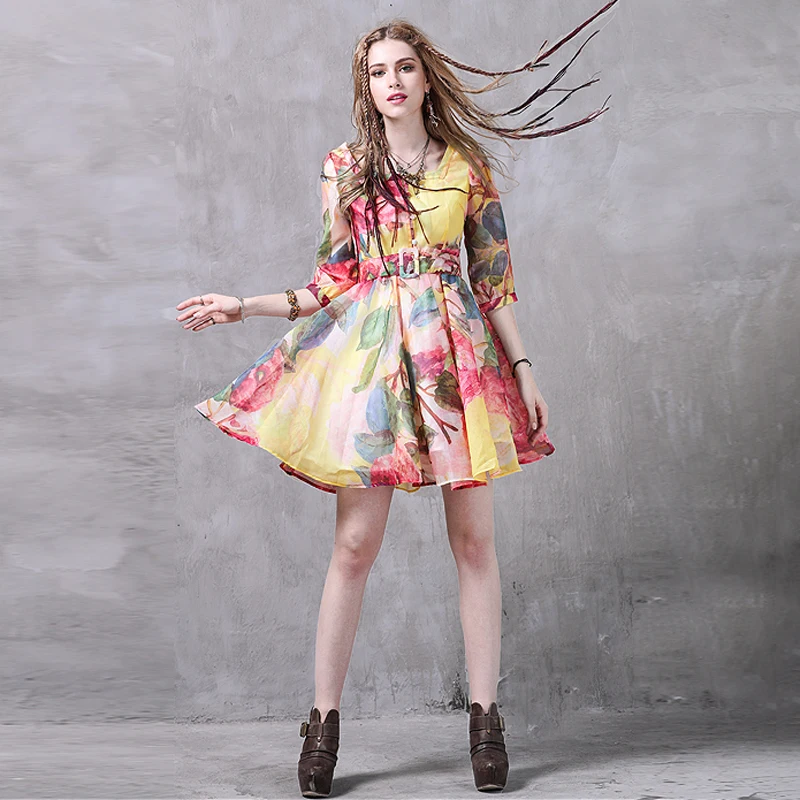 Летнее платье 2018 Yuzi. мая Boho органза женские платья квадратный воротник с коротким