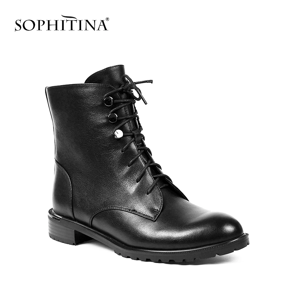 

SOPHITINA Genuine Leather Handmade Motorcycle Boots Retro Round Toe Warm Short Plush Low Heels Lace-up Woman Handsome Shoes B04