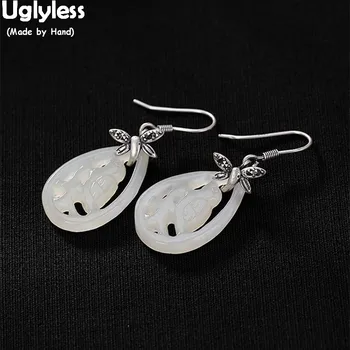 

Uglyless Thai Silver Dragonfly Earrings for Women Handmade Carved White Jade Bird Earrings 100% Solid 925 Silver Fine Jewelry