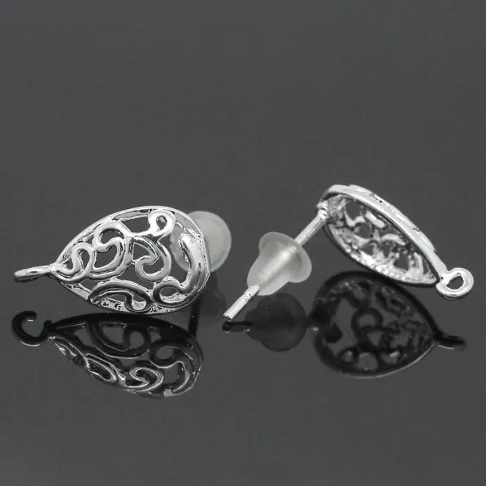 

DoreenBeads Retail Copper Earring Post Teardrop Silver color Flower Pattern Hollow W/Stoppers & Loop 15x13mm,5 Pairs