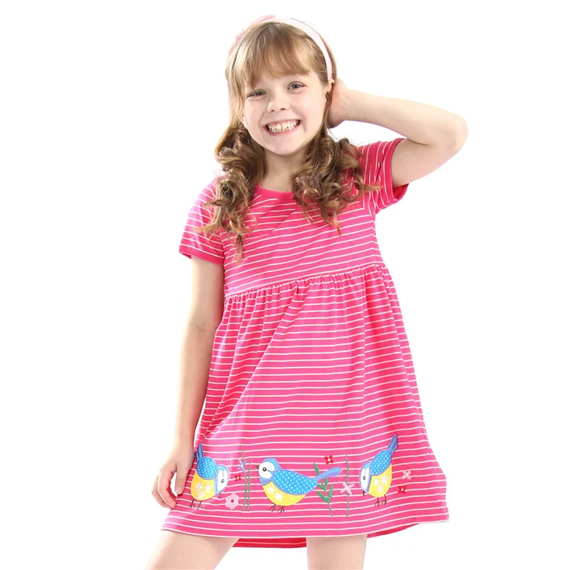

Little Bitty hot selling baby girls summer dresses kids short sleeves cartoon dress with applique some birds Girls dresses