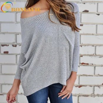 

Women Knitting Sweaters Loose Type Size S To 3XL Slash Neck Full Sleeve Solid Color Khaki Pink Gray Black Blue Sexy Style Cloth
