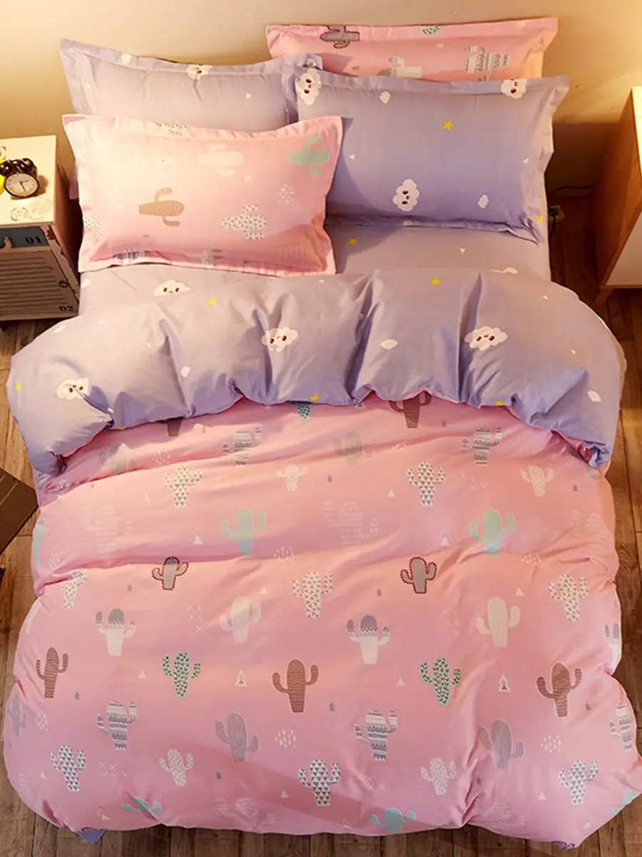 

4Pcs Bedding Set Cute Pink Simple Cactus Pattern Quilt Set