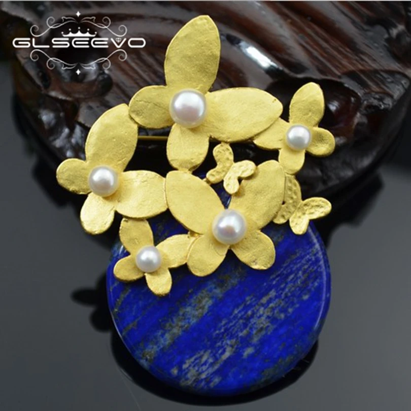 

GLSEEVO Natural Fresh Water Pearl Brooch Pins Lapis Lazuli Brooches For Women Gifts Dual Use Designer Jewelry Luxury GO0239