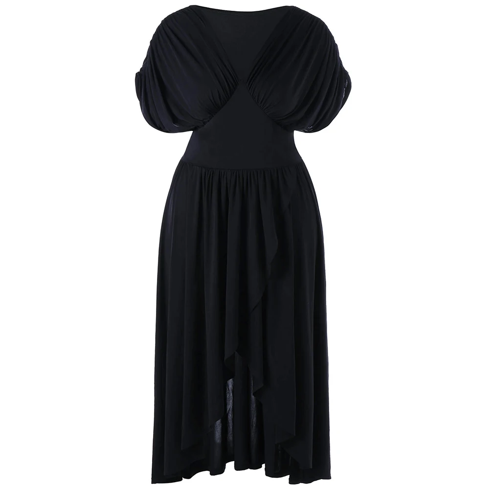 Rosegal высокого низкого размера плюс Макси-платье с высокой талией вечерние женские платья черного цвета с v-образным вырезом и коротким рукавом женские платья Vestidos