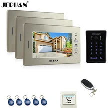 JERUAN new 7 inch LCD video doorphone intercom system 3 monitor RFID waterproof Touch Key password keypad camera+remote control
