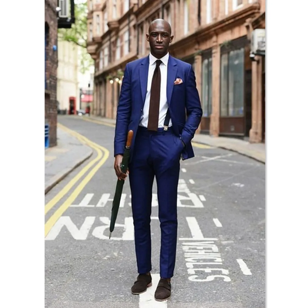 

Men Suit Set Slim Fit 2 Pieces Blue Blazers (Jacket+Pants) Custom Made Men Suits For Wedding Prom Groom Best Man Tuxedos Regular