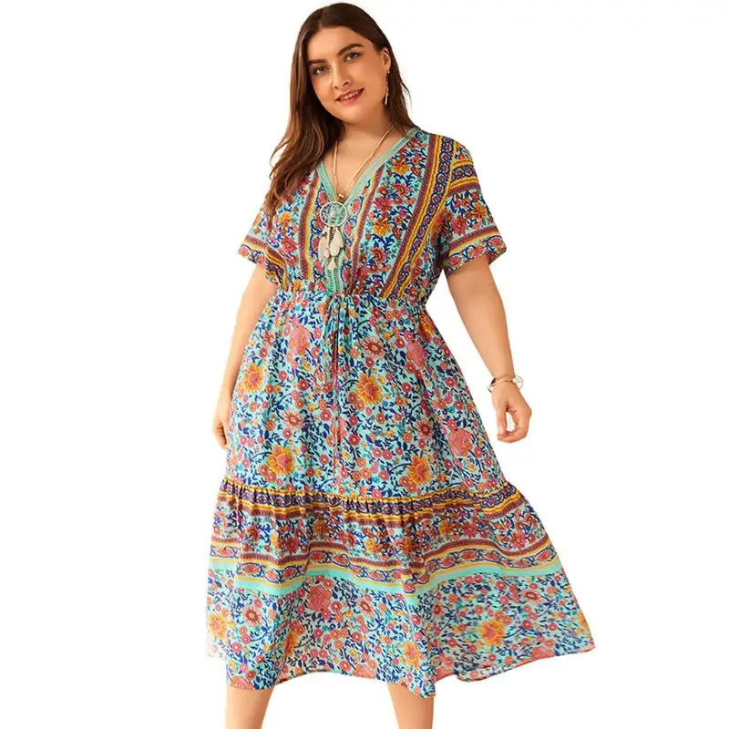 

Plus Size Women Holiday BOHO V Neck Floral Print Lace-up Short Sleeve Swing Midi Dress