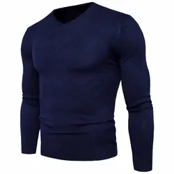 Весна осень мода Slim Fit Твердые трикотажные с длинными рукавами пуловеры свитер мужские топы мужские хлопок v-образным вырезом свитер плюс