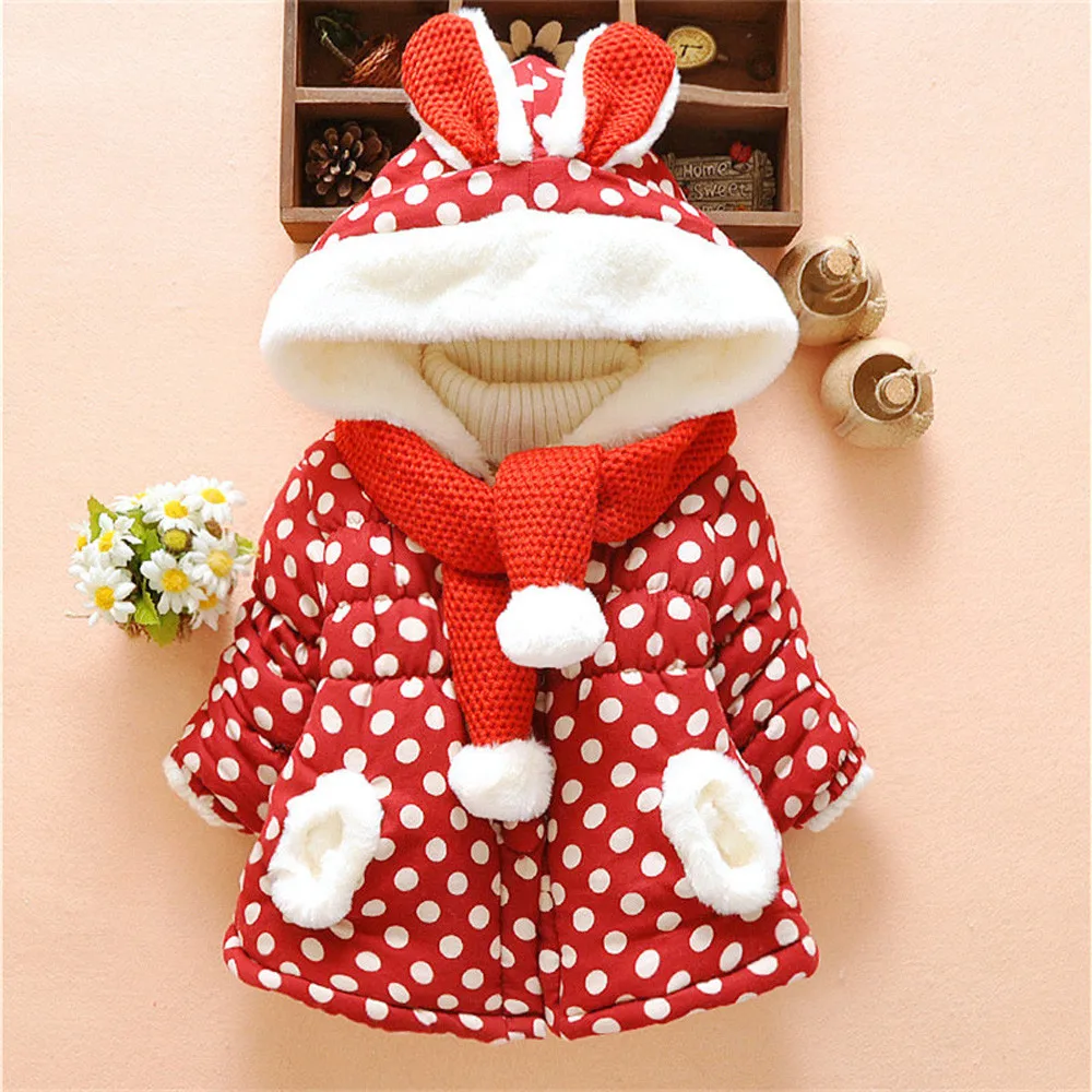 Baby girls clothes baby outerwear Cute Rabbit Ears Hooded Polka Dot Winter Warm Coat Jackets newborn  winter baby clothes