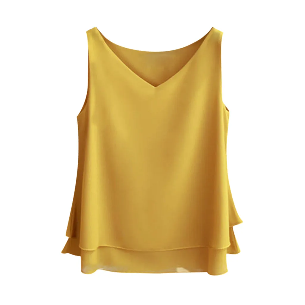 Yellow Женская Летняя короткая Корейская версия шифоновая рубашка без рукавов с v-образным вырезом, повседневный Топ ropa mujer - Цвет: Yellow