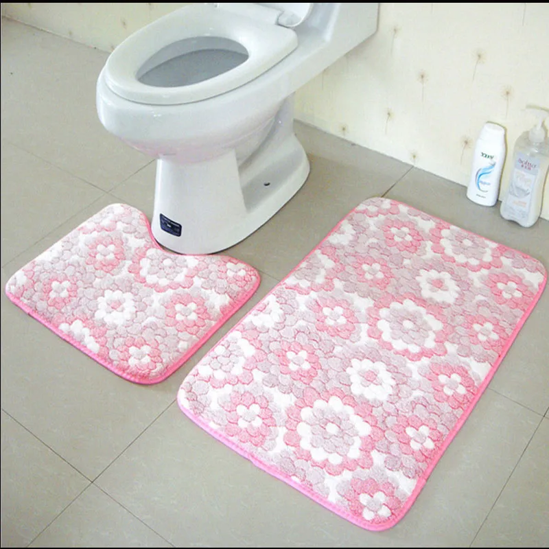 

2Pcs/Set Anti Slip Bathroom Mat Set Coral Fleece Floor Bath Mats Washable Bathroom Toilet Rugs