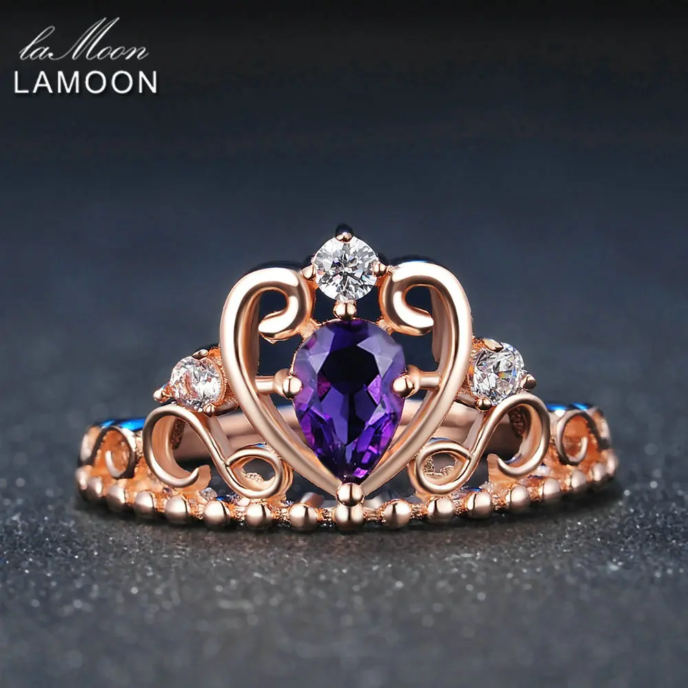 LAMOON Crown Natural Teardrop Amethyst 925 Sterling Silver Jewelry Wedding Ring with Rose Gold LAMOON Crown Natural Teardrop Amethyst 925 Sterling Silver Jewelry Wedding Ring with Rose Gold