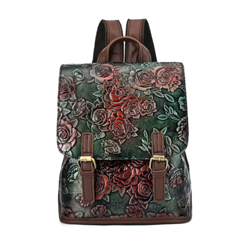 Женский рюкзак из натуральной кожи с масляным воском, рюкзак для путешествий с Цветочным Тиснением, высококачественный рюкзак для путешествий из воловьей кожи, школьная сумка - Цвет: Rose Green