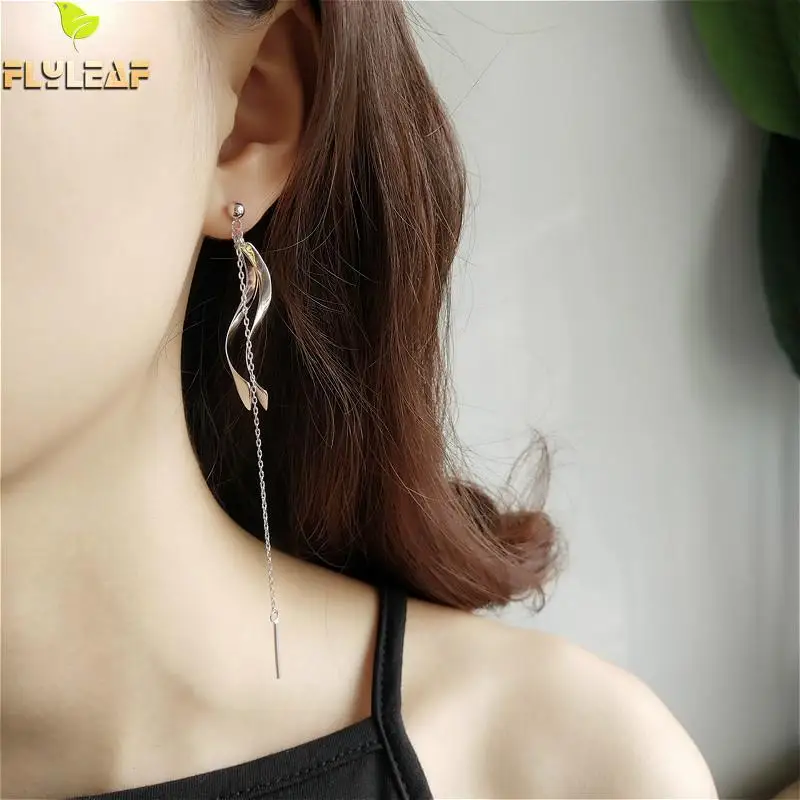 

100% 925 Sterling Silver Flyleaf Wave Rotation Asymmetry Drop Tassel Long Earrings For Women Dangle Earings Fashion Jewelry