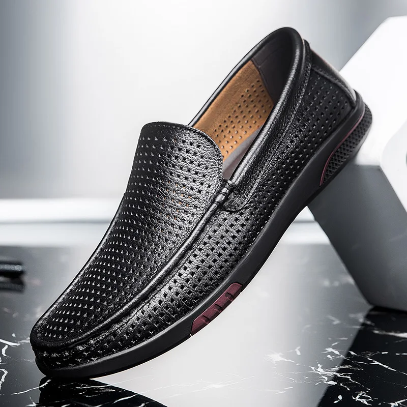 

Men Loafers Shoes Fashion genuine Leather hollow out Breathable Slip On Driving Shoes Men moccasins Flats Shoes size 38-46 L4