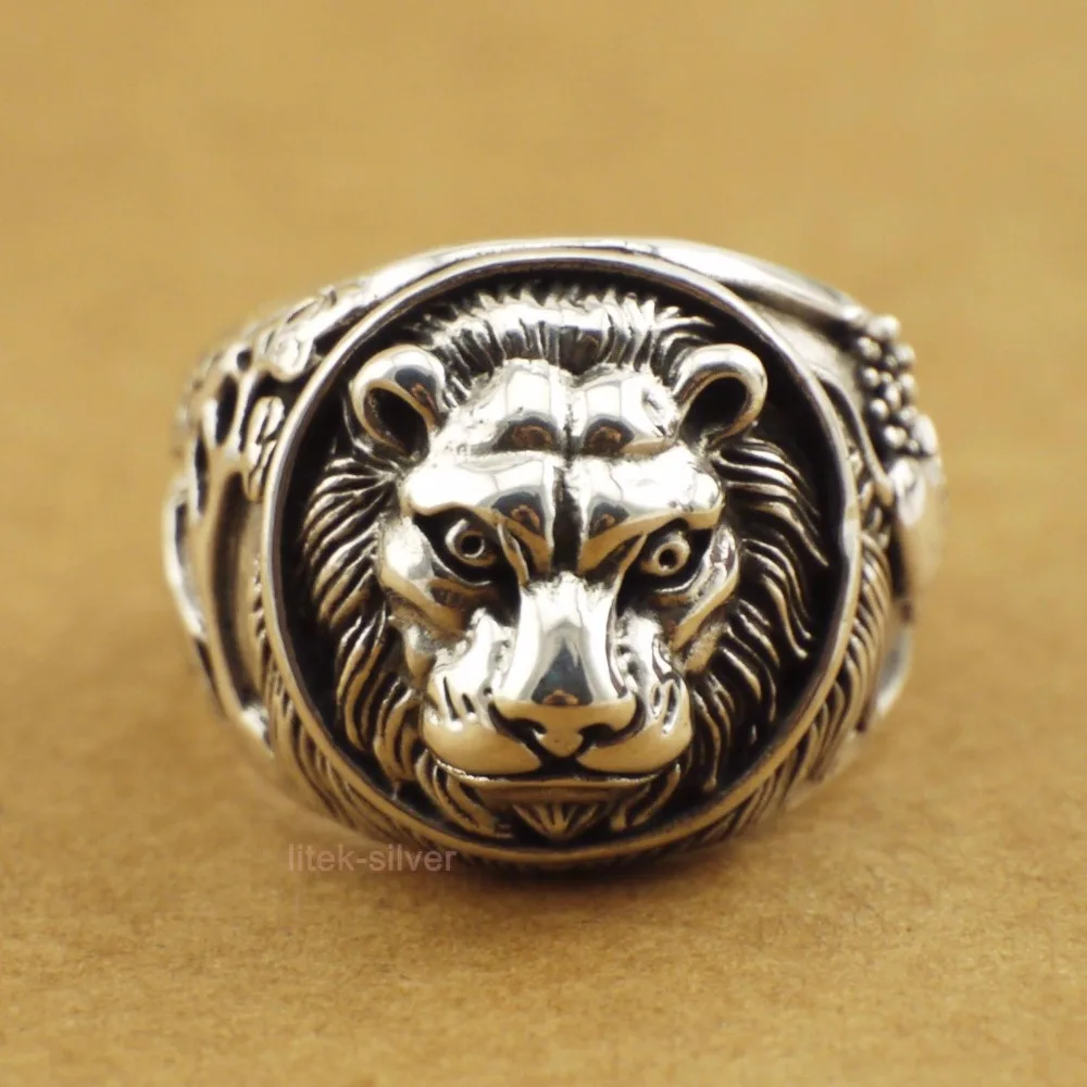 

925 Solid Sterling Silver Punk Rocker Biker Retro Lion King Ring Men A3402