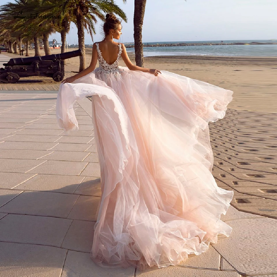 Lakshmigown классическое розовое свадебное платье трапециевидной формы 2019 Boho Элегантные Длинные свадебные платья из тюля кружевные