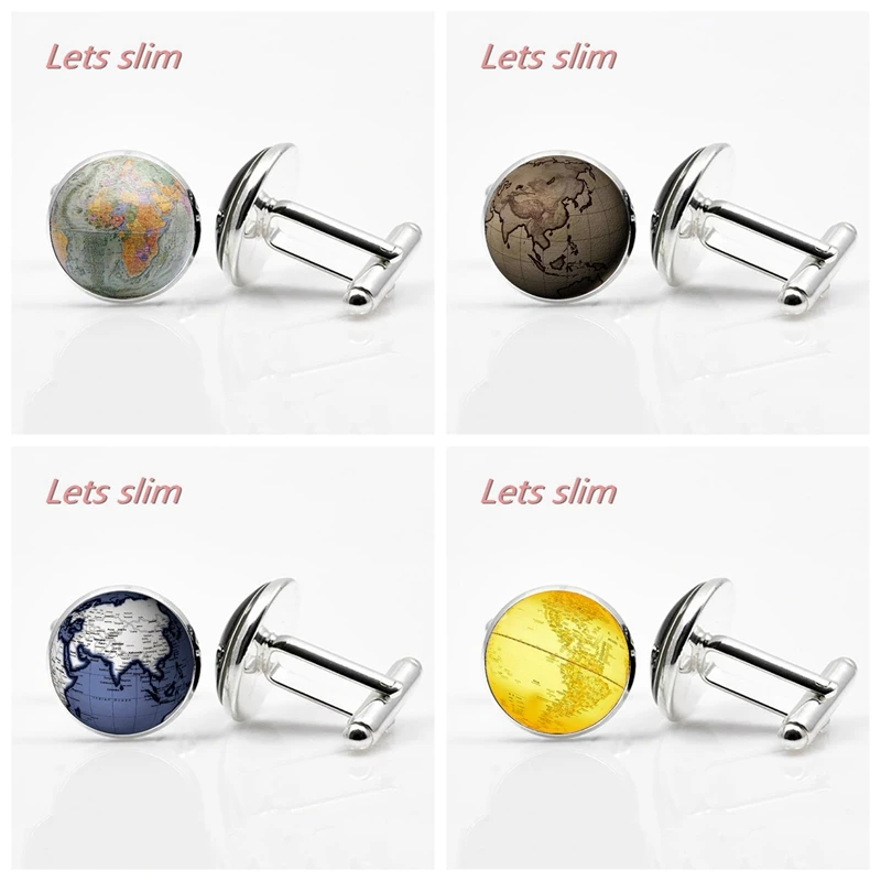 LETS SLIM Earth World Map Seven Oceania Gold Time Glass Cufflinks Globe Map Men's Shirt Charm Globe Cufflinks DIY Photo Custom Fashion Jewelry
